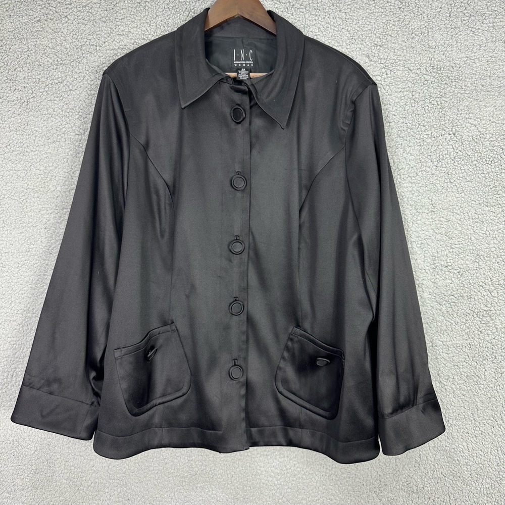 INC Womens Black Button Satin Collared Jacket Front‎ Pockets 3X Minimalist Boho